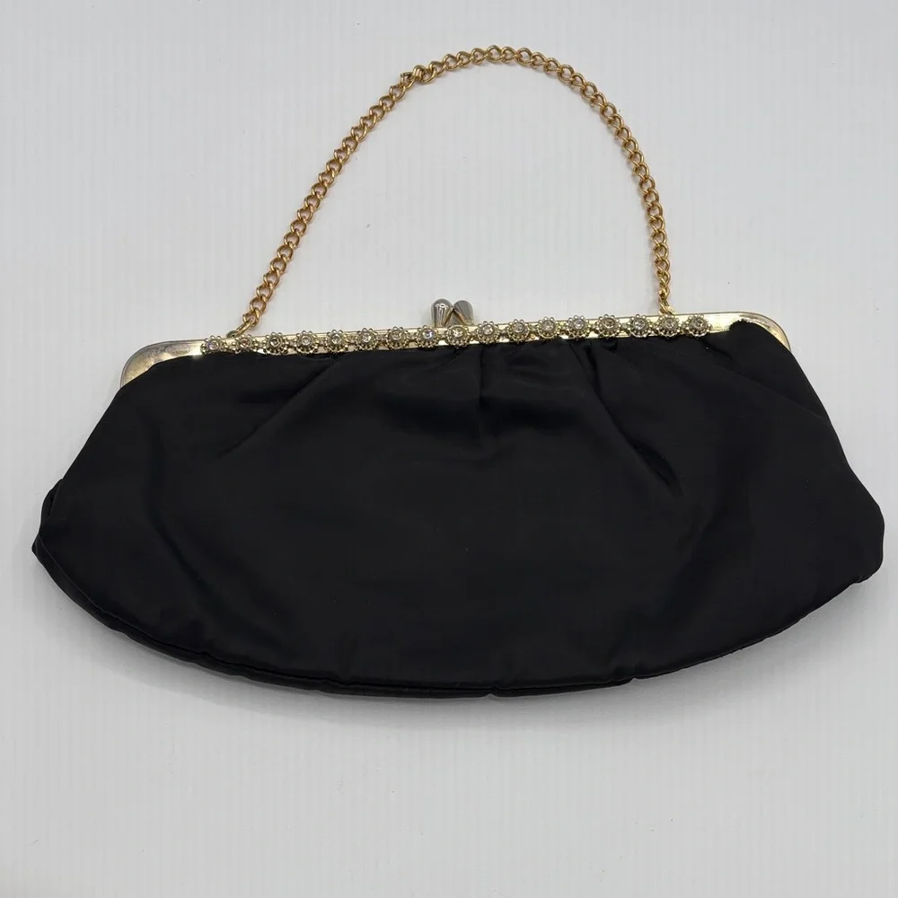 Vintage Elegant Black Evening Clutch Gold Chain w/ Floral Rhinestones on Frame